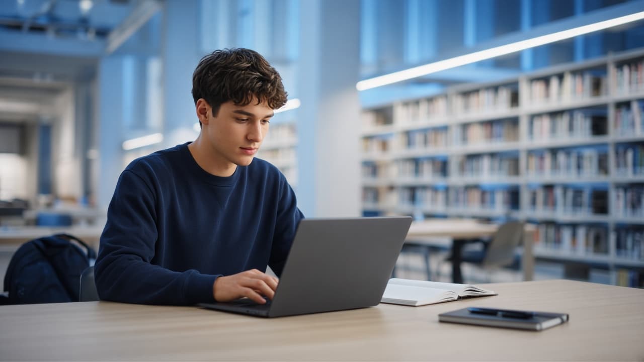 Student studying with laptop in a modern library